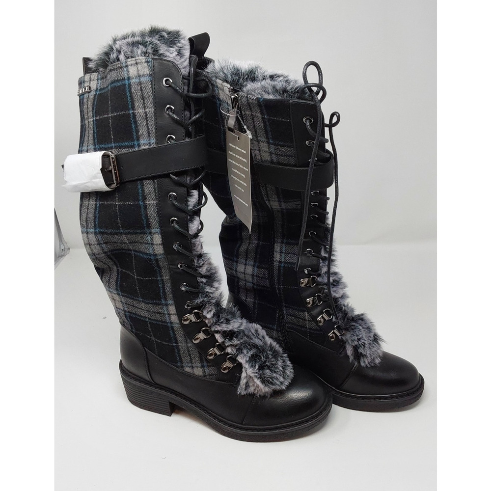 Patrizia by Spring Step Hilvia Knee High Boots Black Multi Plaid Faux Fur